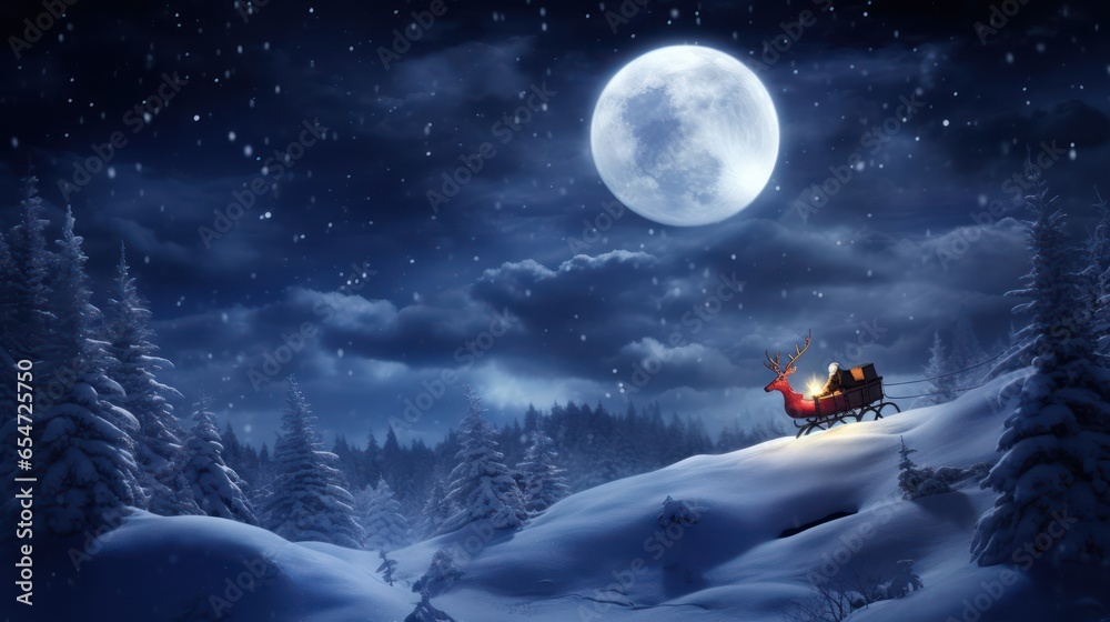 Fototapeta premium Flying reindeer and Santa sleigh , Christmas gifts, full moon background, starry sky, winter, Generative AI