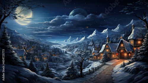 Flying reindeer and Santa sleigh , Christmas gifts, full moon background, starry sky, winter, Generative AI