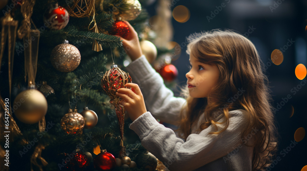 Cute girl decorating christmass tree with ornaments - obrazy, fototapety, plakaty 