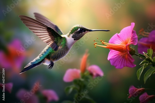 Hummingbird flying to pick up nectar from a beautiful flower. Digital artwork, Generative AI  © Ashutosh