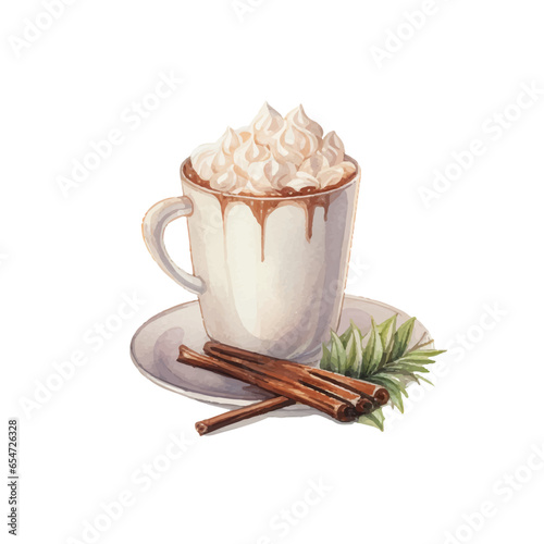 Hot coffee latte in the cup. Watercolor vector illustration isolated on white background. Hot cappuccino with whipped cream