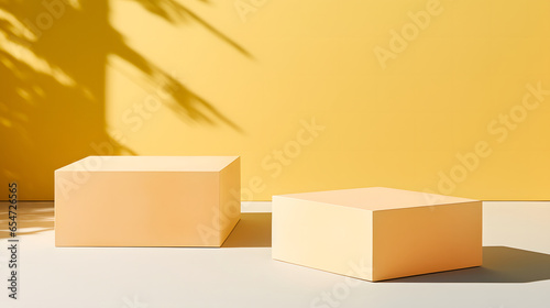 Empty two boxes for product placement with minimalist yellow wall background