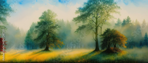 Mystical watercolor oak forest in autumn with light fog, generative ai.