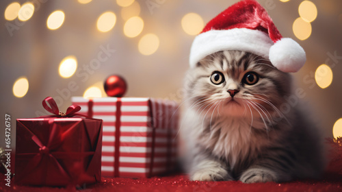 Cute kitty with Santa hat and christmass gifts at the bokeh background banner, copy space