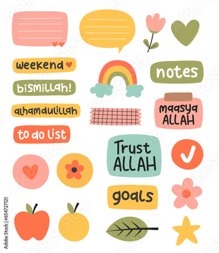 Islamic diary stickers. Words, characters and quotes for planner journal. Trendy notebook decor with flower, islamic quotes, heart shape, rainbow etc.