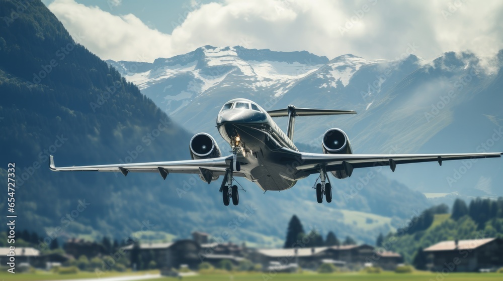 Three-engine business jet making a landing at an alpine airport. - obrazy, fototapety, plakaty 