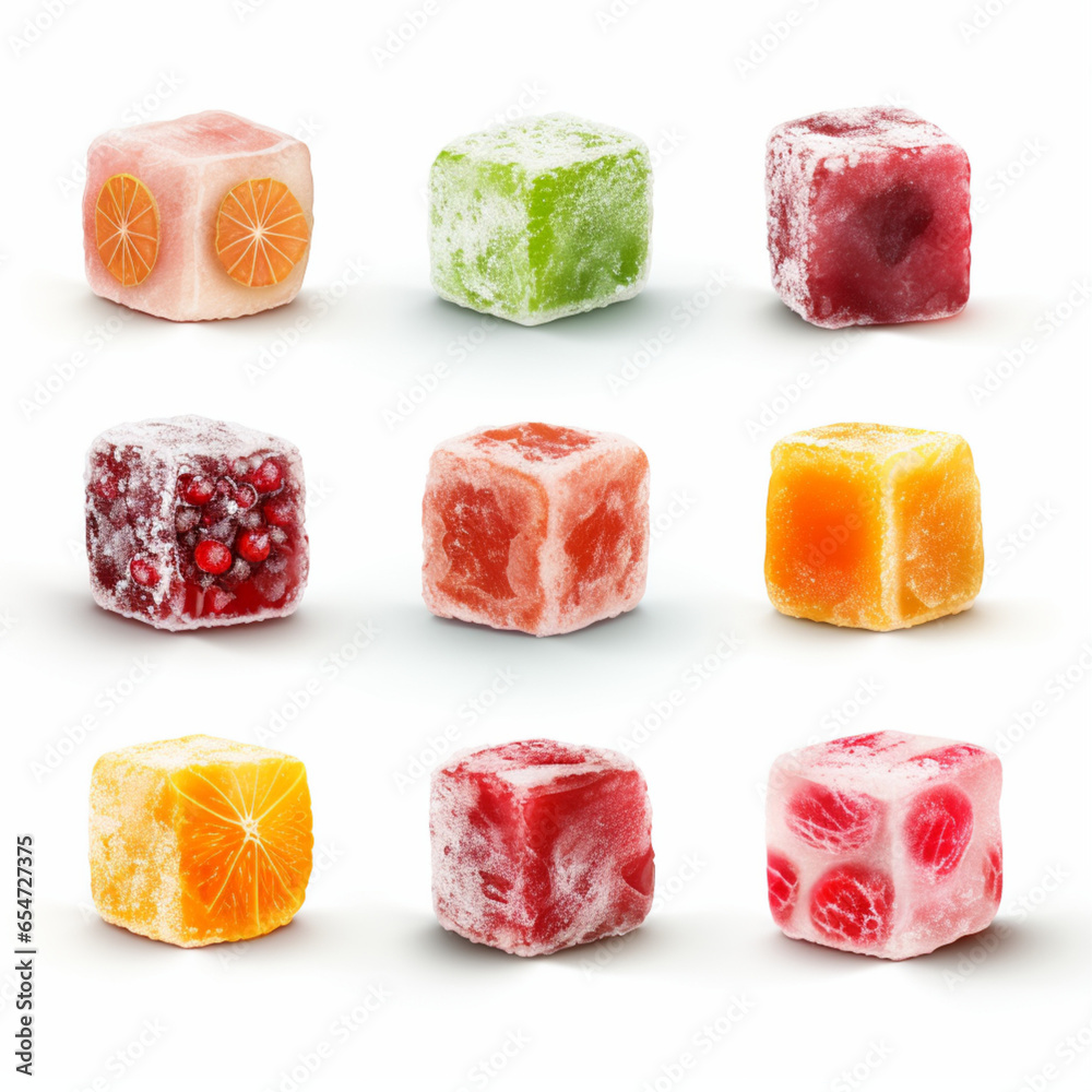 different flavors of turkish delight on white background different flavors of turkish delight on white background