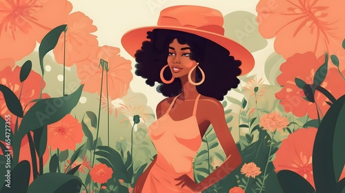 black women smiling standing in a flower graden, vector illustration