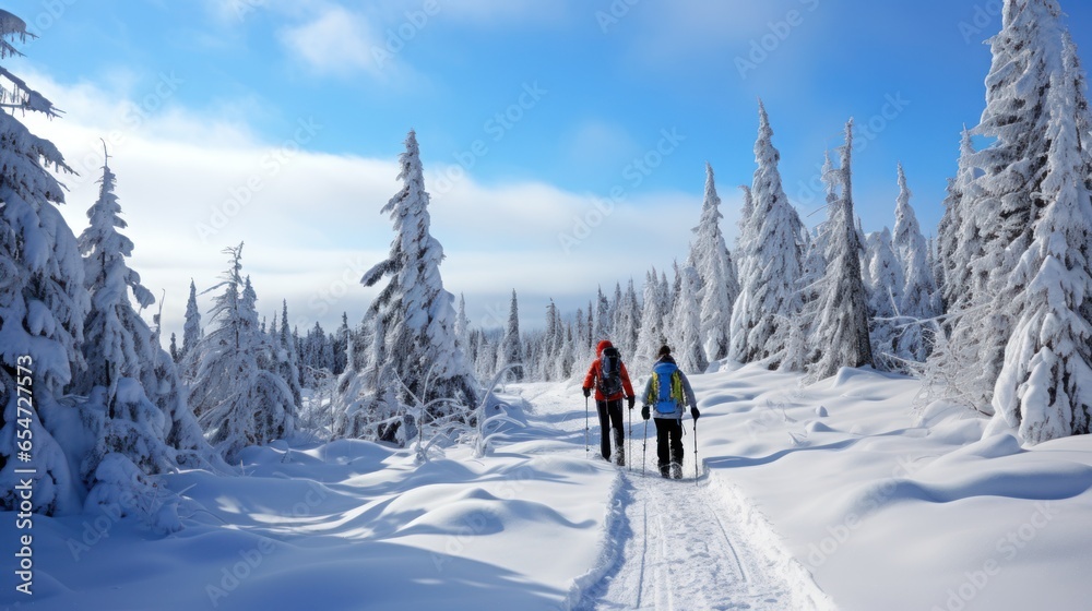Snowshoeing. Peaceful walks through snow-covered landscapes