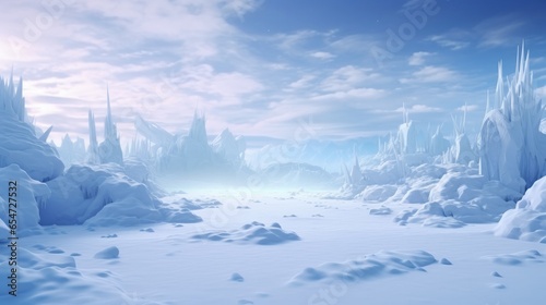 Winter-themed abstract landscape background with a surreal and dreamlike atmosphere, presented as a 3D rendering © Chingiz