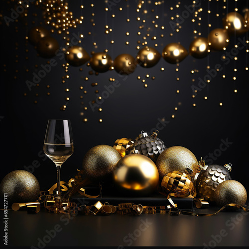 New Year and Christmas decorations on black background, elegant Christmas invitation. Celebration cart with glass of white wine 3D, Generative Artificial Intelligence.