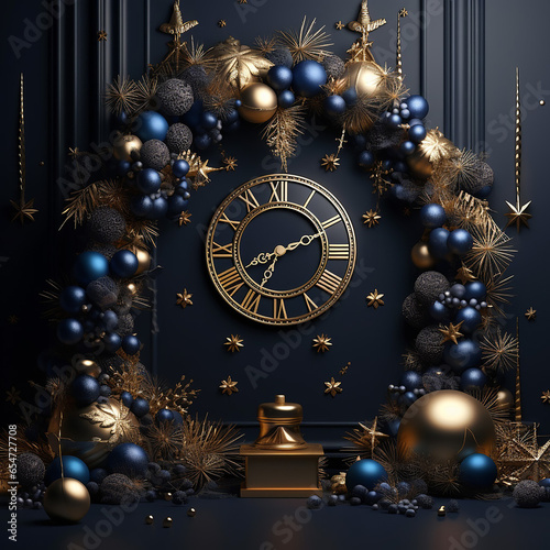 New Year decorations and clock on black background, elegant christmas invitation. 3D, Generative AI. 