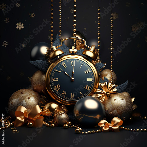 New Year decorations and clock on black background, elegant christmas invitation. 3D, Generative AI. 