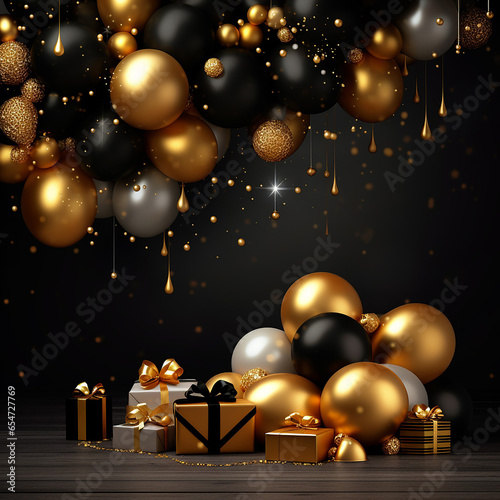 New Year and christmas decorations on black background, elegant christmas invitation. 3D, Generative AI. 