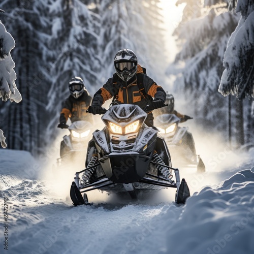 Snowmobiling. Adventurous rides through snowy terrain