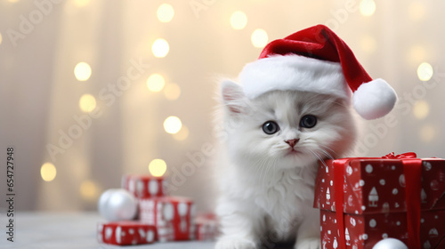Cute white kitty with Santa hat and christmass gifts at the bokeh background banner, copy space