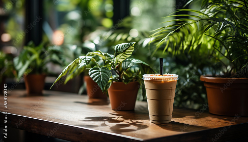 Coffee cup on the table in coffee shop, stock photo