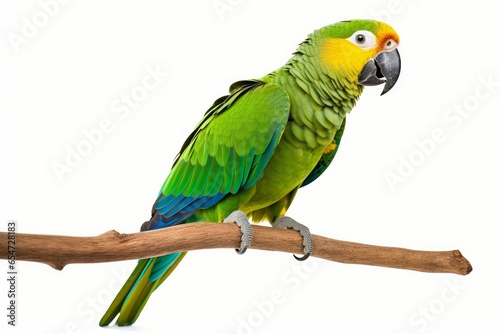 Amazon parrot perched on a branch, isolated on white background. PNG. close up of Amazon. digital ai art, Generative AI  photo