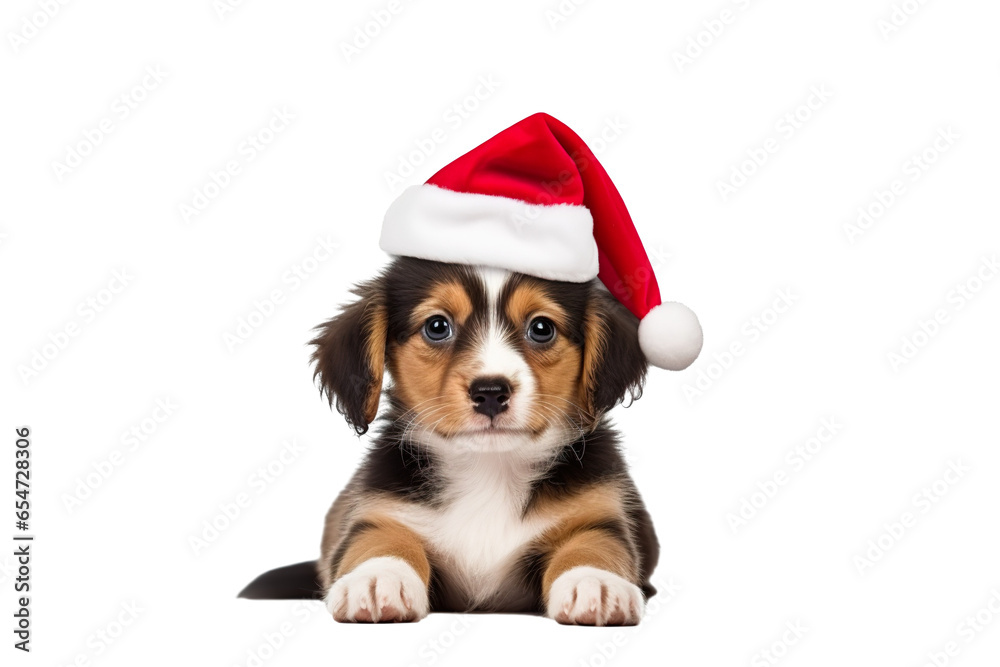 Cute dog wearing Christmas Santa Claus hat on a white background studio shot isolated PNG Cute dog wearing Christmas Santa Claus hat on a white background studio shot isolated PNG
