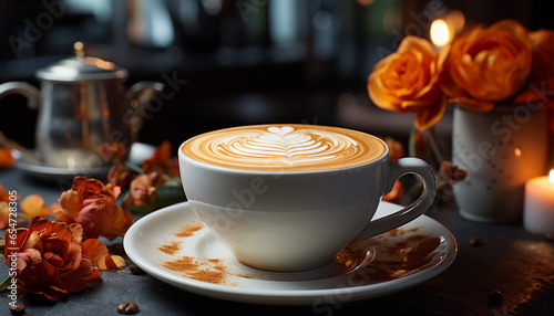 Cup of cappuccino with beautiful latte art on table