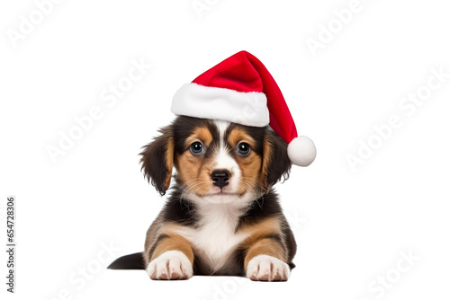 Cute dog wearing Christmas Santa Claus hat on a white background studio shot isolated PNG © JetHuynh