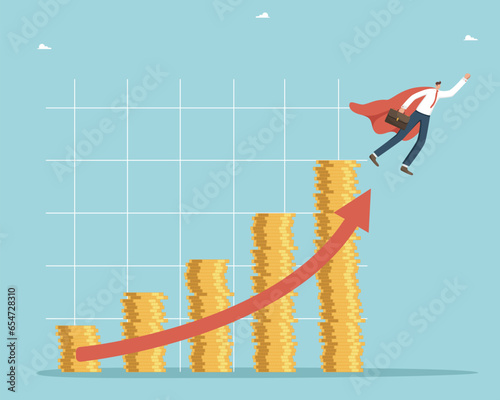 Increasing income and wages, financial growth, improving the economy, profitability of the investment portfolio, promoting business to a new level, man flies upward through a graph of stacks of coins.