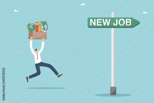 Looking for a new job or employment, career path or promotion, ladder of success, new career vacancy, looking for new opportunities and work, man with a box of things runs along the sign of a new job.