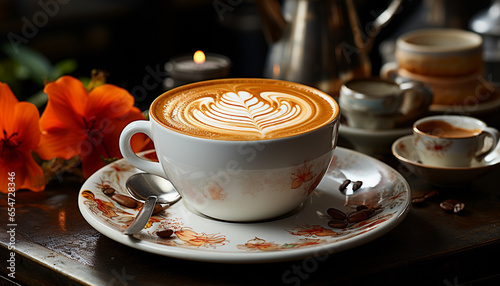 Cup of coffee latte art on wooden table with flower background