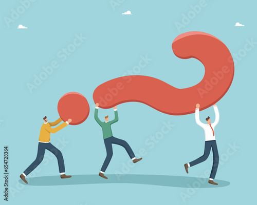 Brainstorming for solving business problems, questions and answers, FAQ, frequently asked questions, thought process and logic for solving work tasks, аnalysis of competitors, men carry question mark.