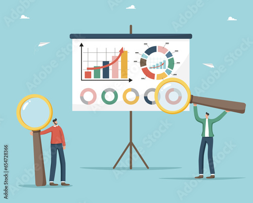 Assessing the cost of a project or estimate, calculating a budget, accounting for an investment portfolio and savings, analyzing income and expenses, men with magnifying glasses near board with graphs