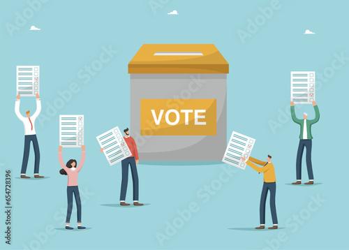 Choice concept. Online-questioning or voting, survey or testing. Voting, political choice, opinion or democracy. Election and referendum, secret ballot. People hold voting paper near vote box.