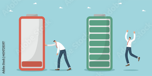 Tired man near discharged battery and man full of energy near charged battery. Lack of strength or energy for productive work, emotional burnout or fatigue, replenishment of energy for productive work