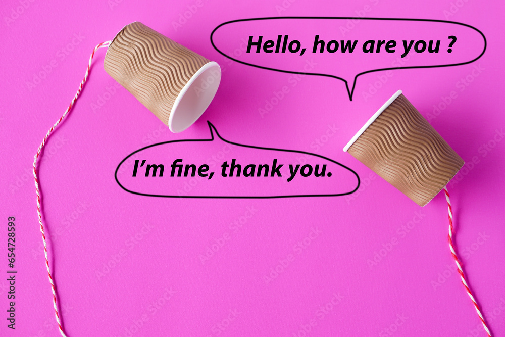 I'm Fine Thank You And You Scan Vf Paper cups with string on pink background. Bubble speech with words