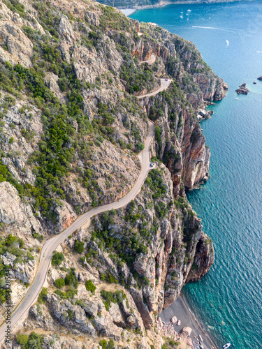 Aerial drone view of the Calanches of Piana on Corsica island, France