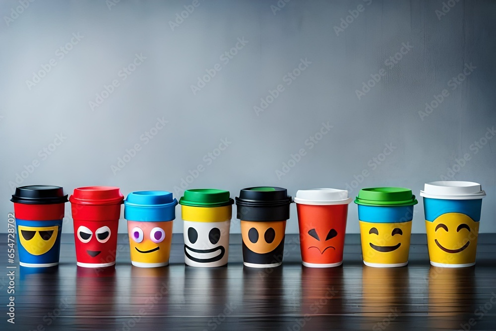 different emojis on the cups, emojis on cardboard made cups, colorful