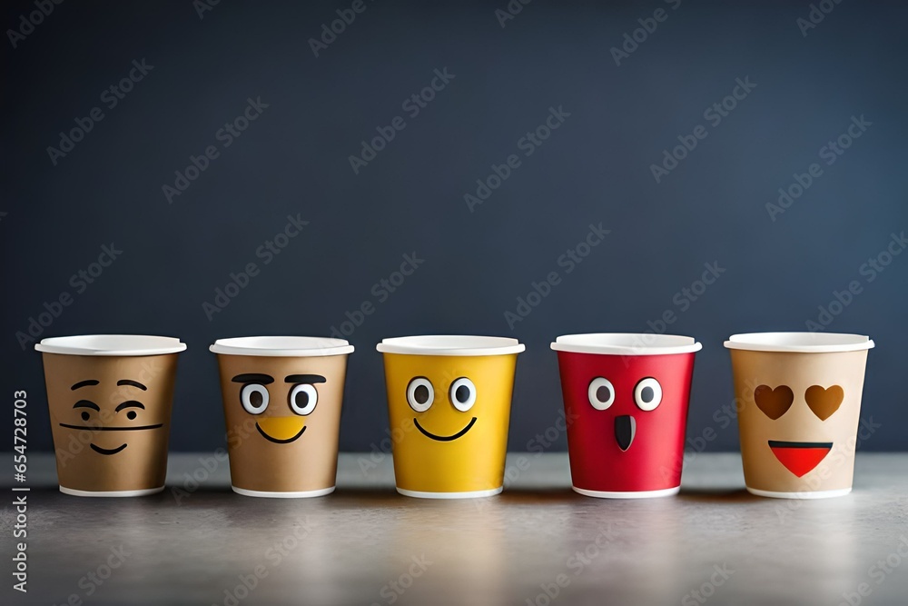 different emojis on the cups, emojis on cardboard made cups, colorful