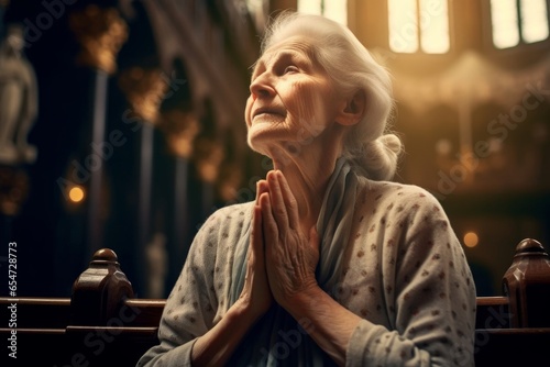Old woman praying to God in church. Faith in religion and belief in God. Power of hope or love and devotion, Generative AI 