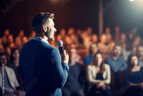 Motivational speaker with microphone performing on stage, in background people sitting in hall. Digital ai art, Generative AI  photo