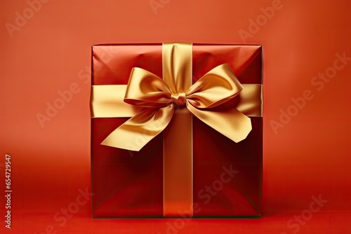 Red gift box with golden ribbon on color background. Happy New Year festival and party concept. © Virtual Art Studio