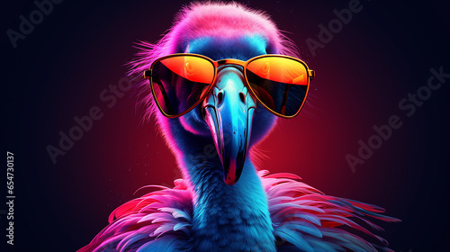 Close up of a head of a flamingo with sunglasses isolated on neon black mix background  © Colour Graphics