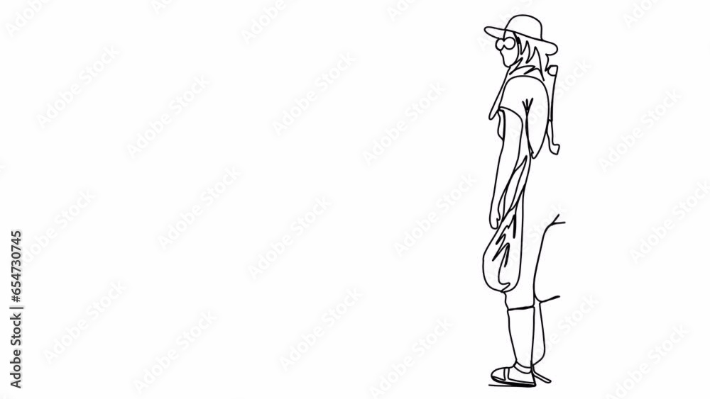 Female tourist with a hat on her head and a large rucksack on her shoulders. One line drawing animation with alpha channel. Female tourist with a hat on her head and a large rucksack on her shoulders. One line drawing animation with alpha channel.