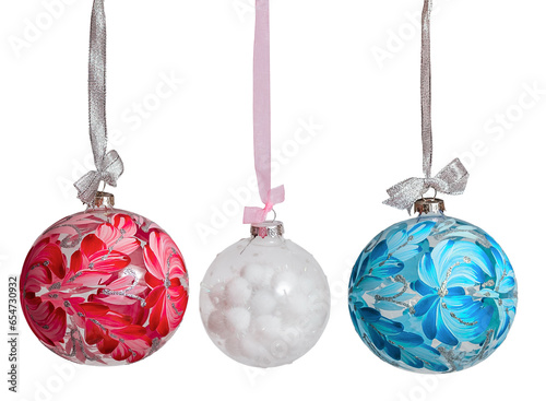 Wallpaper Mural New Year's Christmas balls of pink blue white color on a white background isolated. Balloons hang on a ribbon with a bow. Torontodigital.ca