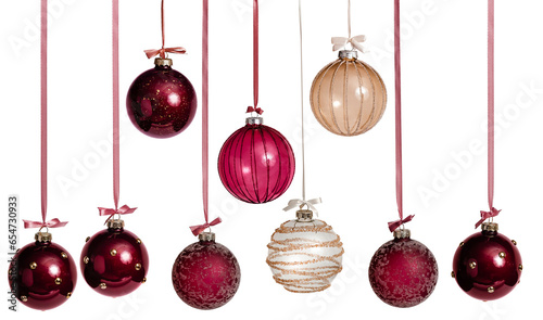 Wallpaper Mural New Year's Christmas balls in brown burgundy gold color on a white background. Balloons hang on a ribbon with a bow. Torontodigital.ca