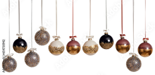 Wallpaper Mural New Year's Christmas balls in pink black gold color on a white background. Balloons hang on a ribbon with a bow. Torontodigital.ca