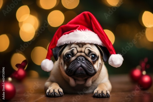 This delightful image features a playful pug donning a festive hat, capturing the essence of holiday antics and the sheer joy of a Christmas-themed pet - created with AI technology © AI Visual Vault