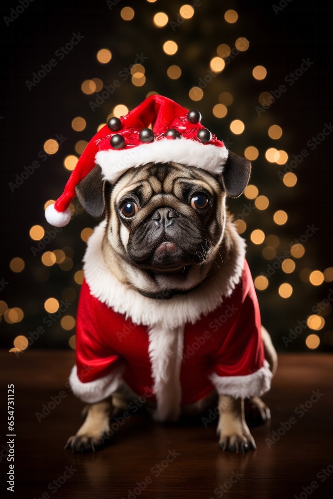 This delightful image features a playful pug donning a festive hat, capturing the essence of holiday antics and the sheer joy of a Christmas-themed pet - created with AI technology This delightful image features a playful pug donning a festive hat, capturing the essence of holiday antics and the sheer joy of a Christmas-themed pet - created with AI technology