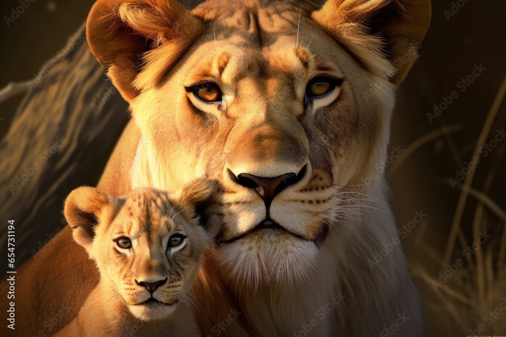 Lioness mother with young cub snuggling into her. Digital art, Generative AI 