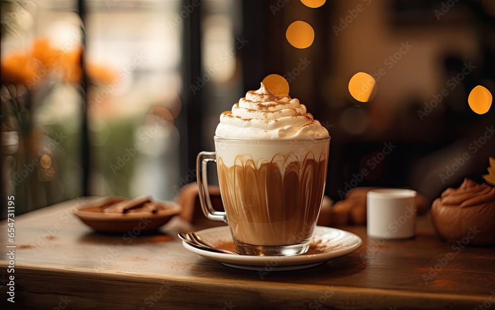 Pumpkin spice latte in a cozy coffee shop setting, with a swirl of whipped cream and a dusting of cinnamon on top Pumpkin spice latte in a cozy coffee shop setting, with a swirl of whipped cream and a dusting of cinnamon on top