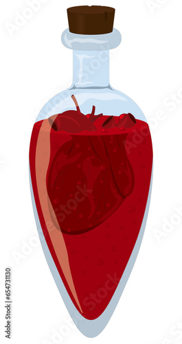 Red color bubbling love potion bottle with human heart vector illustration
