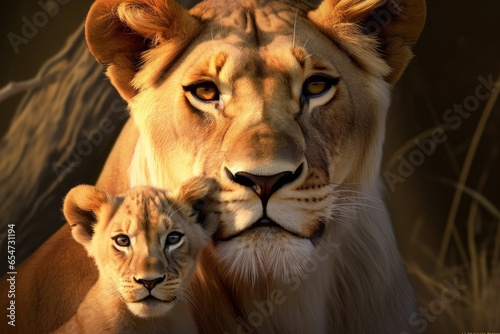 Lioness mother with young cub snuggling into her. Digital art  Generative AI 